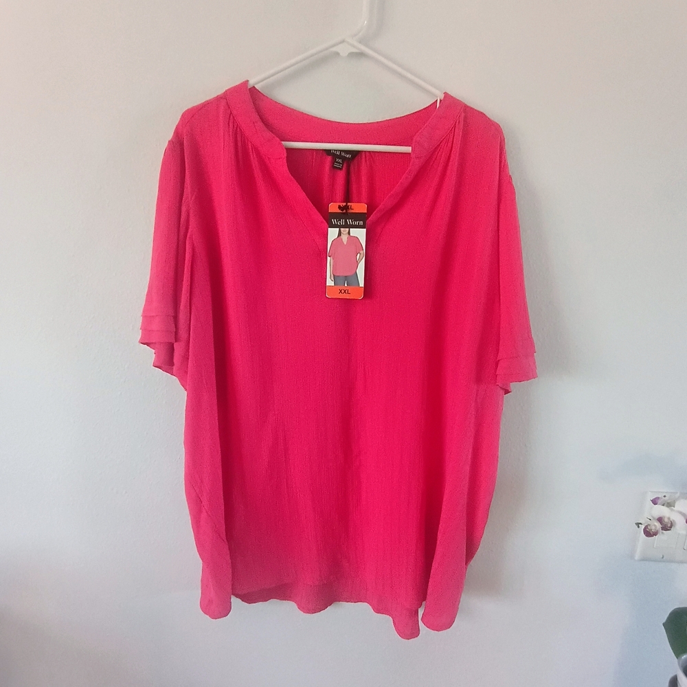 Well Worn Womens XXL Pink V-Neck Blouse Short Sleeve Casual Top - Picture 1 of 9